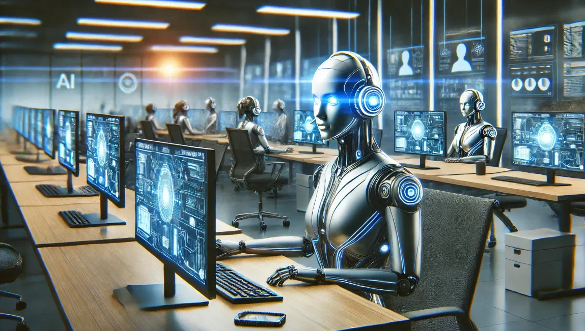 Image representing AI android agents working in a customer support desk setting