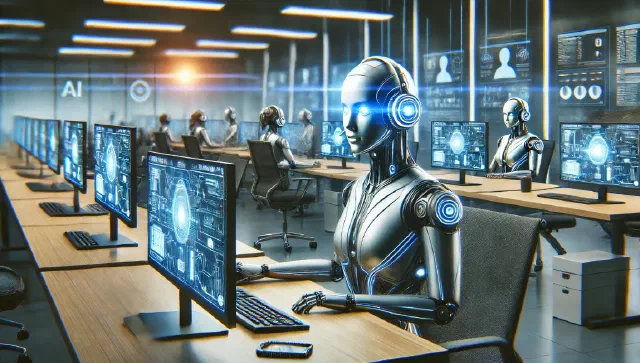 Image representing AI android agents working in a customer support desk setting